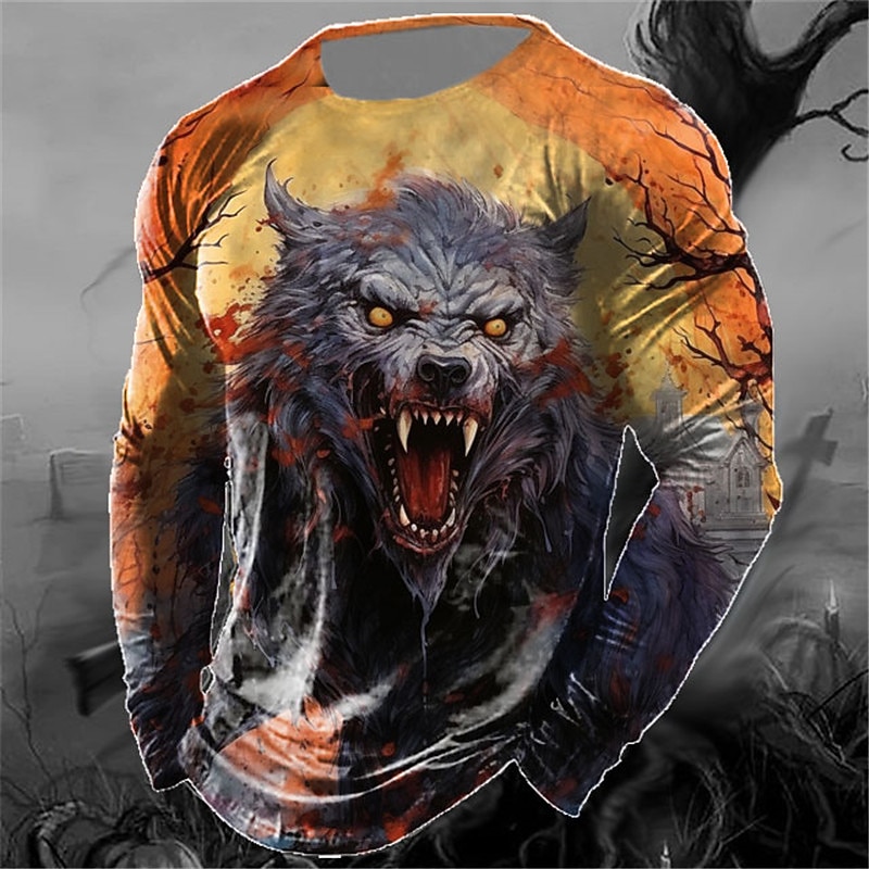 Men's Animal Wolf T Shirt Long Sleeve T shirt 3D Print Crew Neck Shirt Vintage Fashion Designer Outdoor Halloween Daily Yellow Red Blue Spring &  Fall Clothing Apparel S M L XL 2XL 3XL 4XL4