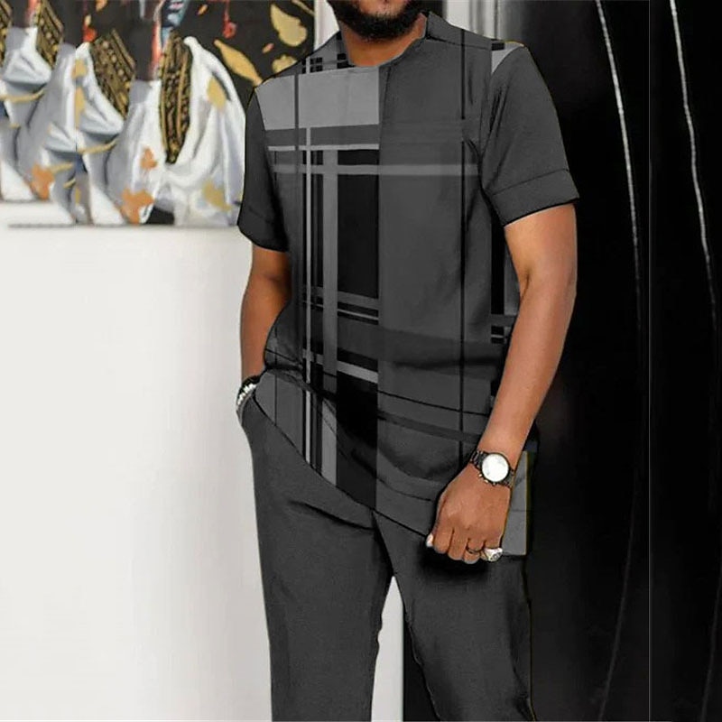 Men's Color Block Graphic Prints Shirt Set T-Shirt Outfits Shirt and Pant Sets Short Sleeve T shirt 3D Print Crew Neck Shirt Sport Designer Casual Outdoor Daily Vacation Brown Army Green Dark Blue4