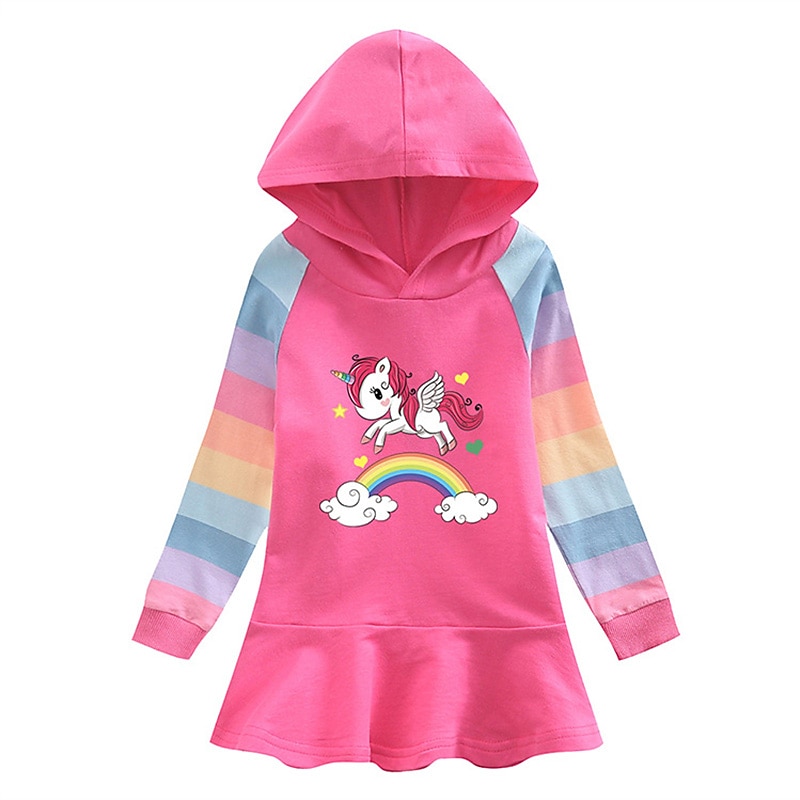 Kids Girls' Dress Rainbow Unicorn Stripe Long Sleeve Outdoor Casual Ruffle Fashion Cute Daily Cotton Knee-length Hoodie Dress Casual Dress Spring Fall 2-8 Years Pink Purple Rose Red2