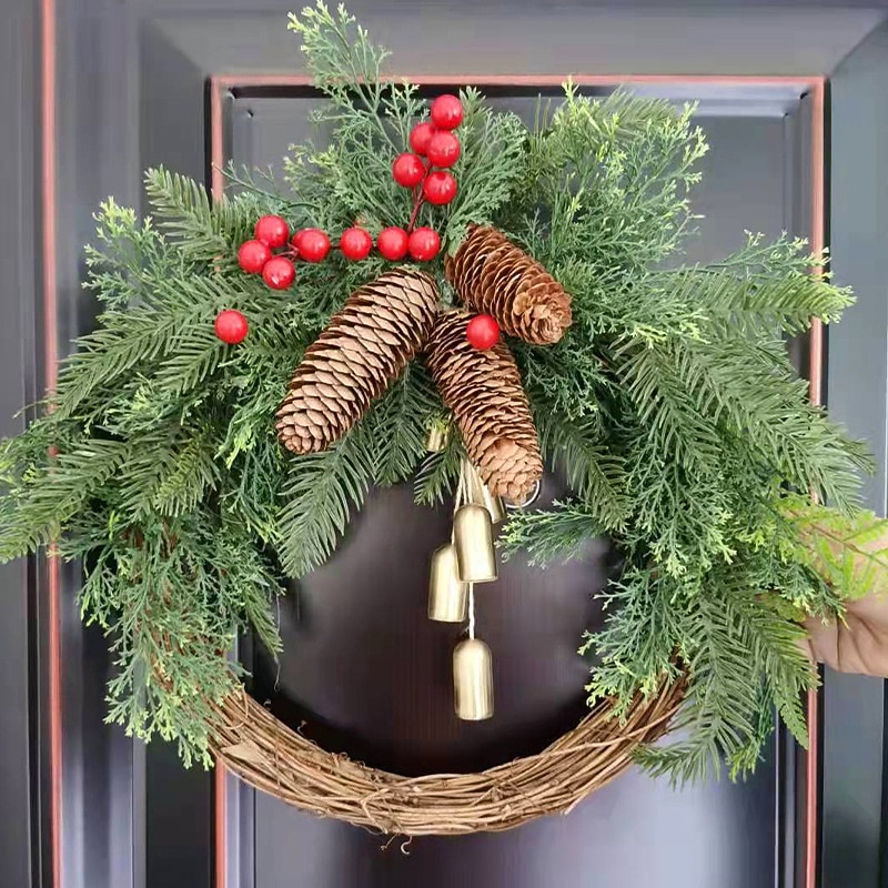 Christmas Wreath Boho Wreath, 17.7'' Artificial Golden Bell Wreath, Xmas Tree Front Door Hanging Garland, Handmade Pine Ring Grapevine Wreath, Celebration Xmas Decor
