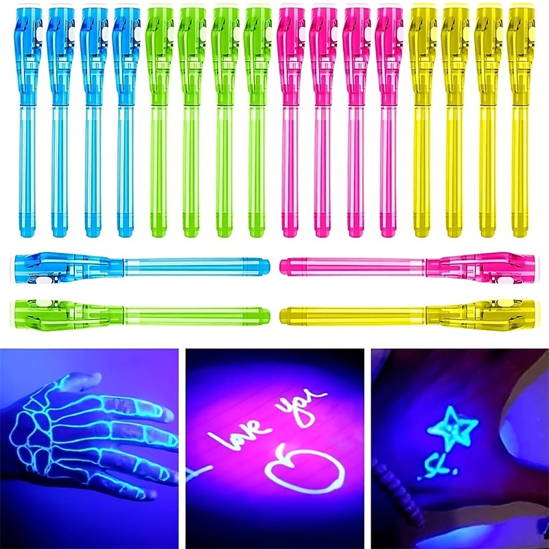 7pcs Invisible Ink Pen Spy Pen Invisible Disappearing Ink Pen With UV Light For Secret Message And Kids Goodies Bags Toy Assorted Colors Random Pen Shell Color