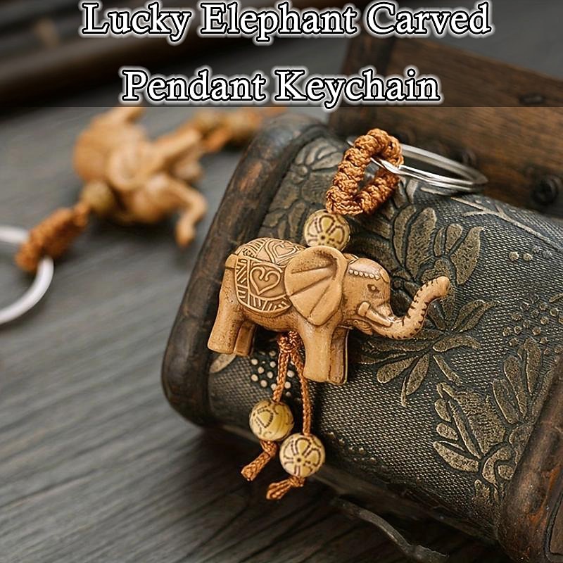 Vintage Polyresin Lucky Elephant Carved Pendant Keychain - Perfect Gift for Men and Women!