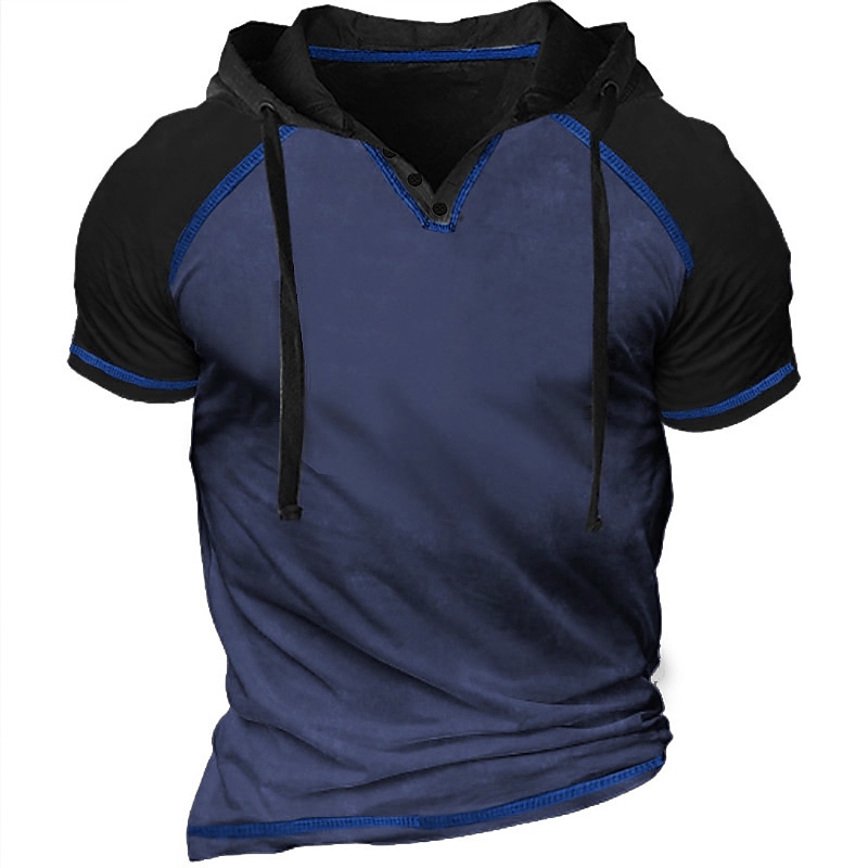 Men's T Shirt Tee Top Short Sleeves Hooded Summer Color Block Raglan Sleeve Fashion Designer Basic Patchwork Vacation Street Going out Blue Green Khaki Top Tee for Men2
