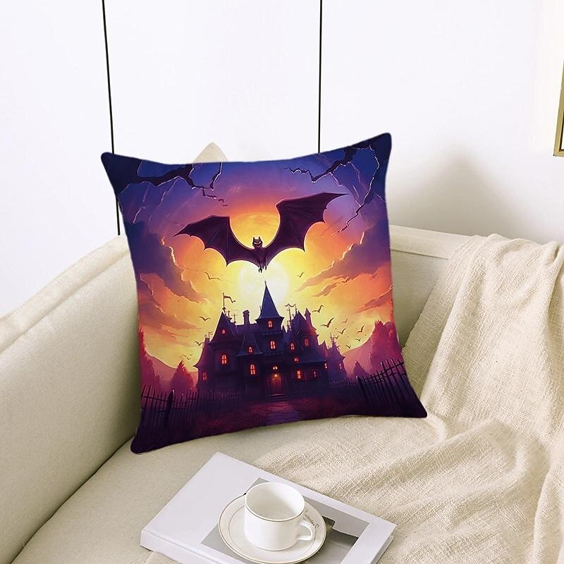 Halloween Double Side Pillow Cover 4PC Jack O Lantern Soft Decorative Square Cushion Case Pillowcase for Bedroom Livingroom Sofa Couch Chair Castle Witch Pumpkin Ghost Bats Decorations2