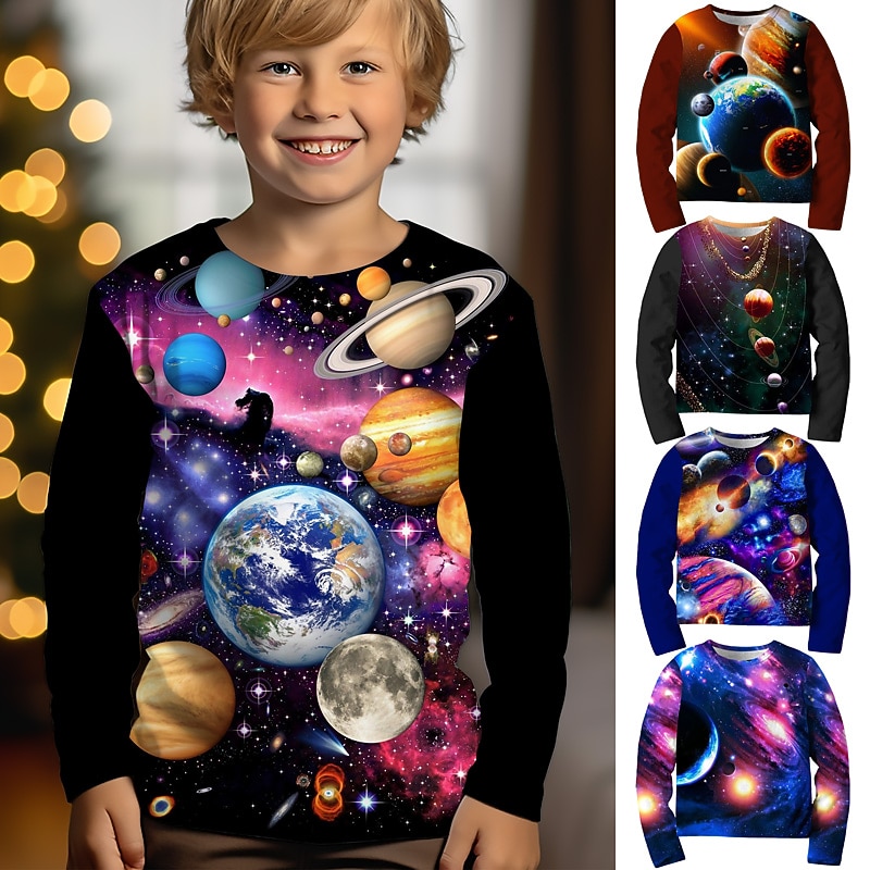 Boys 3D Graphic Galaxy Space T shirt Tee Long Sleeve 3D Print Summer Spring Fall Sports Fashion Streetwear Kids 3-12 Years Outdoor Casual Daily Regular Fit