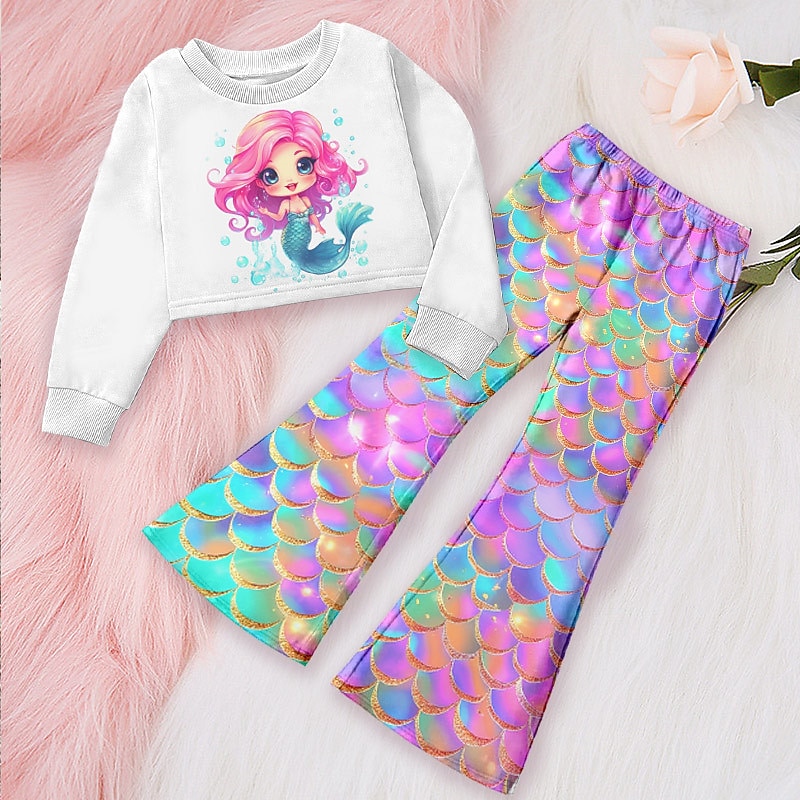 Girls' 3D Graphic Cartoon Mermaid Sweatshirt & Sweatpants Set Clothing Set Pink Long Sleeve 3D Print Fall Winter Active Fashion Daily Kids 3-12 Years Outdoor Vacation Date Regular Fit3