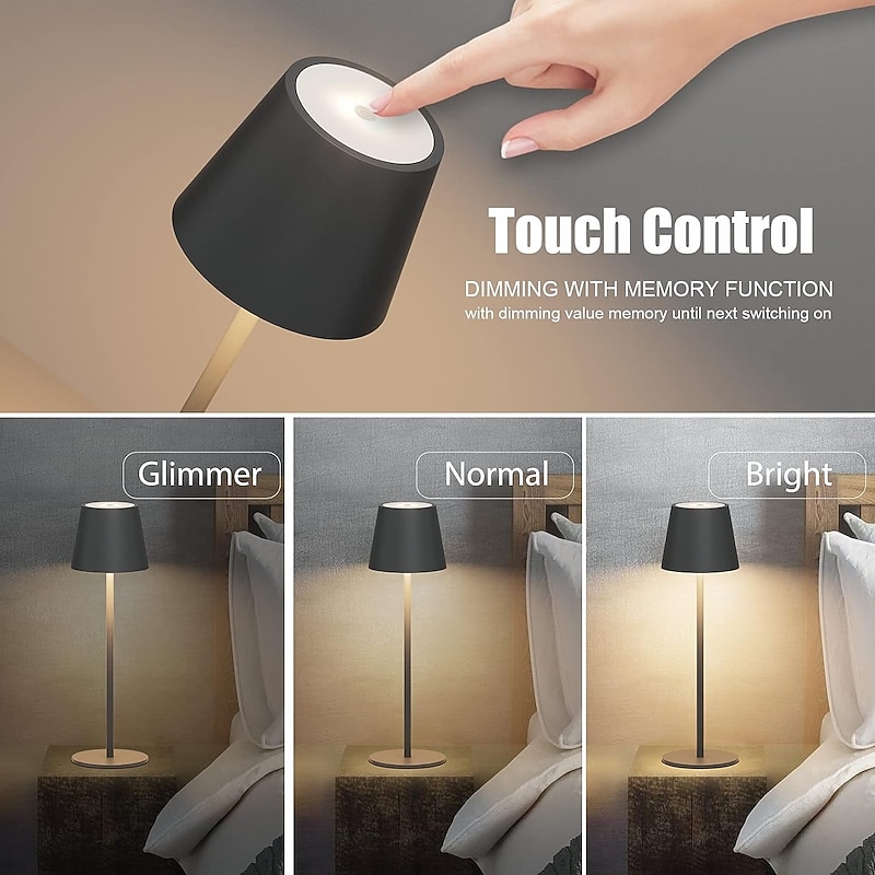 LED Cordless Table Lamp 6600mWh Rechargeable Battery Desk Lamp 3000K Stepless Dimming Night Light IP54 Waterproof Metal Outdoor Portable Lamp for Camping, Restaurant, Patio2