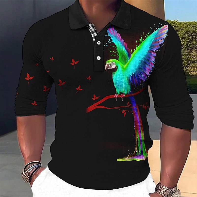 Men's Parrot Hawaiian Polo Shirts Golf Shirt Long Sleeve Polo Shirts Collared Shirts Casual Funny Beach Wear Vacation Wear Party Outfits 3D Print Buttons Fall & Winter Yellow Red Blue4