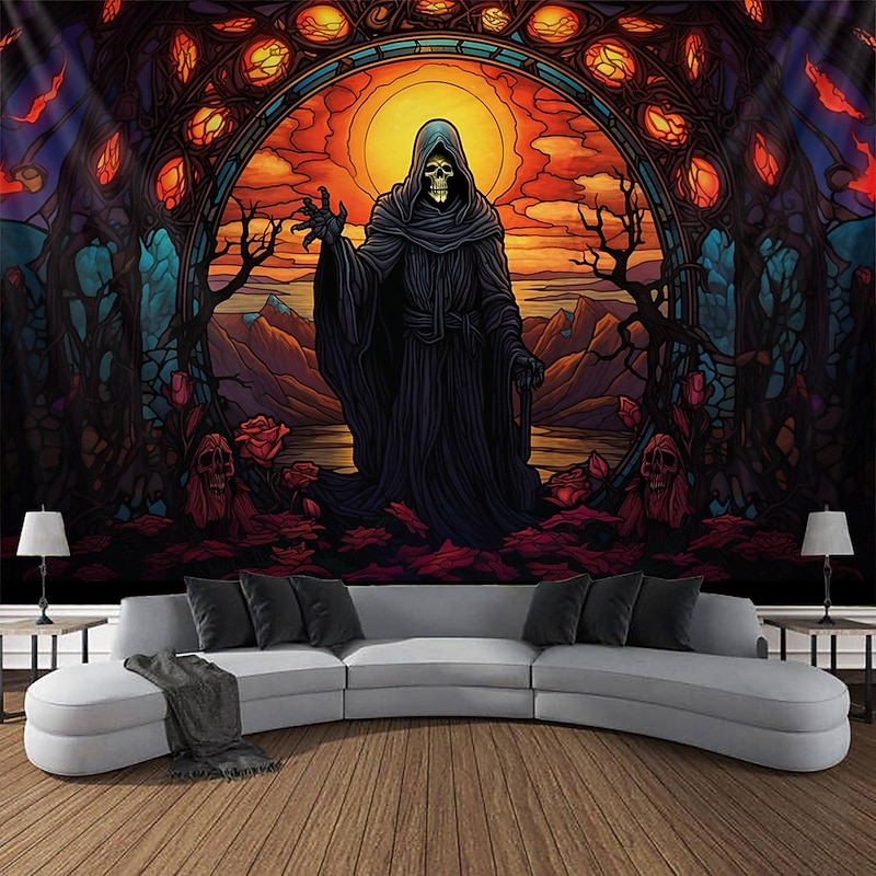 Halloween Death Hanging Tapestry Stained Glass Wall Art Large Tapestry Mural Decor Photograph Backdrop Blanket Curtain Home Bedroom Living Room Decoration  Decorations2