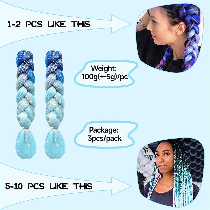 2Pcs Hair Extensions for Braids Ombre Braiding Hair Add Tinsel Hair Extension Sparkly Braiding Hair 24 Inch Braiding Hair Pre Stretched Ombre 100g Heat Resistant Colorful Synthetic Braiding 3 Tone f4