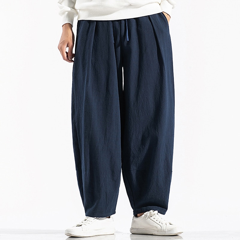 Men's Linen Pants Trousers Summer Pants Pocket Drawstring Elastic Waist Plain Comfort Breathable Outdoor Daily Going out Fashion Casual Black Red4