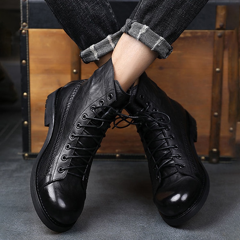 Men's Black Faux Leather Lace-Up Combat Boots with Brogue Detailing, Vintage Style Motorcycle Boots for Rugged Outdoor and Casual Wear4