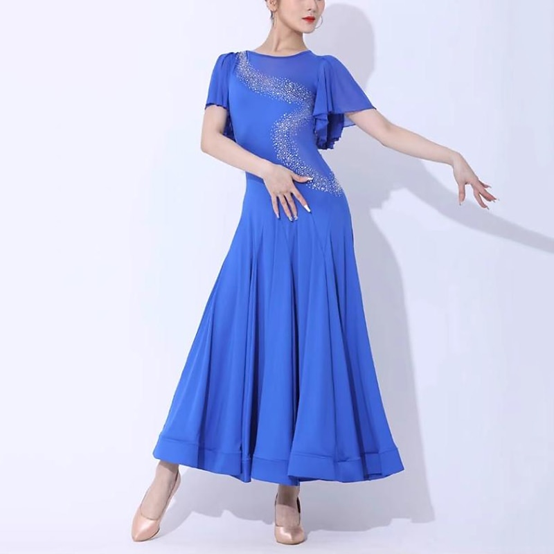 Ballroom Dance Dress Pure Color Splicing Women's Performance Party Short Sleeve Mesh Spandex Milk Fiber4