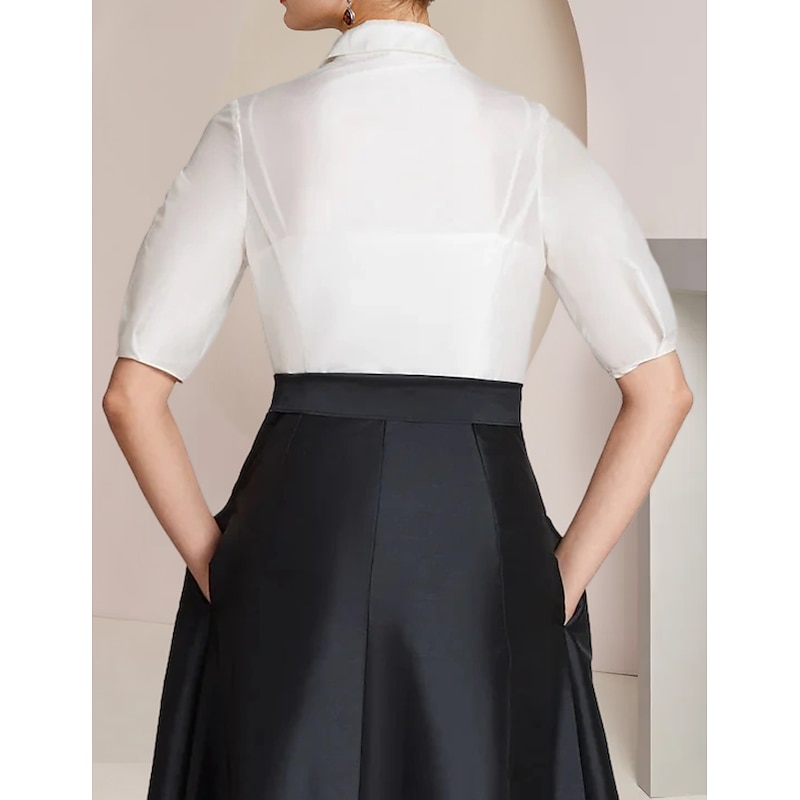 A-Line Mother of the Bride Dress Formal Wedding Guest Elegant Party Shirt Collar Floor Length Taffeta Short Sleeve with Bow(s) Color Block4