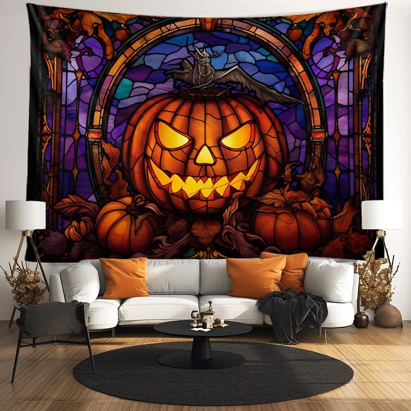 Halloween Decorations Tapestry Jack O Lantern Pumpkin Decor Wall Art Large Hanging Tapestry Mural Decor Photograph Backdrop Blanket Curtain Home Bedroom Living Room Stained Glass Bat3
