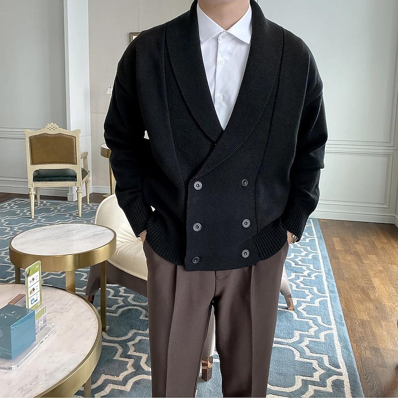 Men's Cardigan Sweater Ribbed Knit Regular Knitted Plain Shawl Collar Warm Ups Modern Contemporary Daily Wear Going out Clothing Apparel Fall & Winter Black White M L XL4