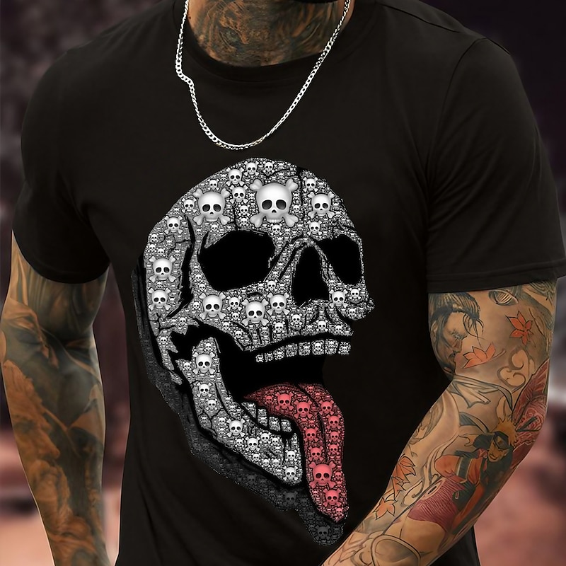 Men's Gothic Skull Graphic T-Shirt | Edgy Design with Skulls & Tongue | Short Sleeve Lifestyle Tee