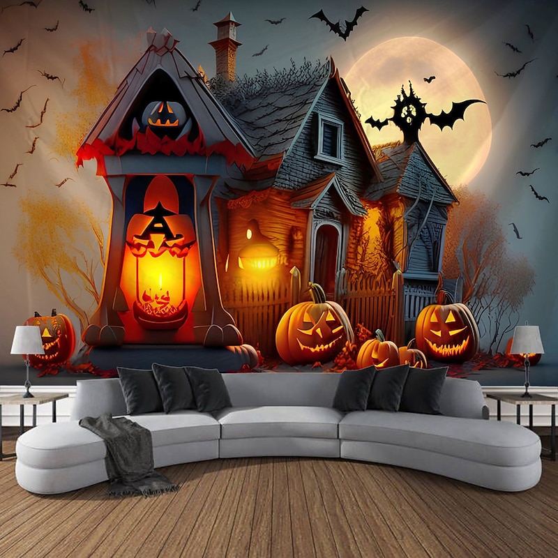 Halloween Tapestry Wall Art Large Tapestry Mural Decoration Photo Background Blanket Curtains Family Bedroom Living Room Decoration Horror Pumpkin Monster Witch Haunted House Halloween Decorations2