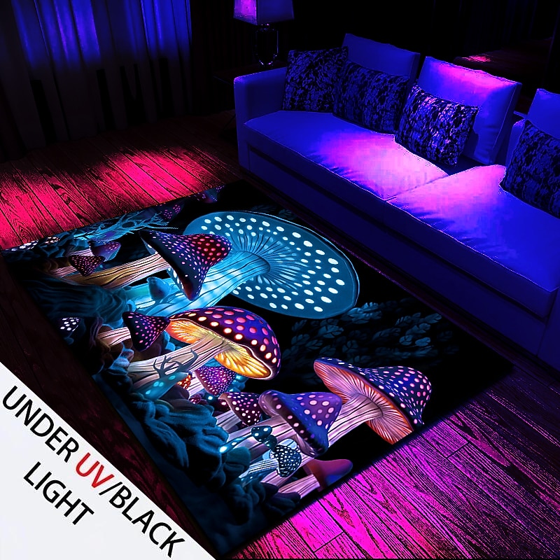 Fantasy Mushroom Blacklight Rug Carpet Floor Mat UV Reactive Glow in the Dark Rug Large Non-Slip Rug Mat Carpet for Room Decor