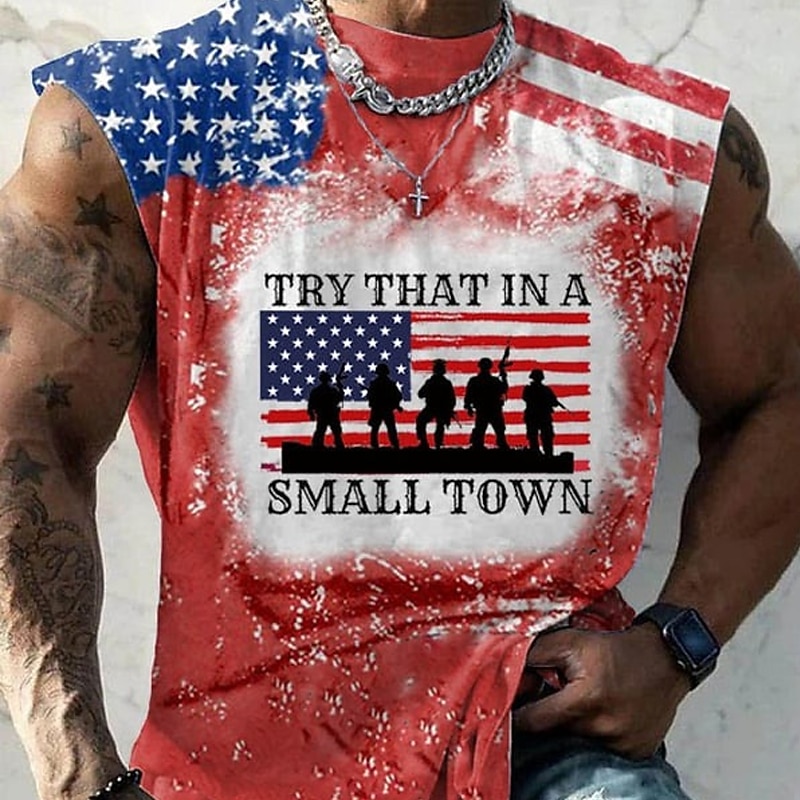 Men's Graphic Tank Top | Patriotic American Flag Distressed "Try That In A Small Town" Sleeveless Shirt2