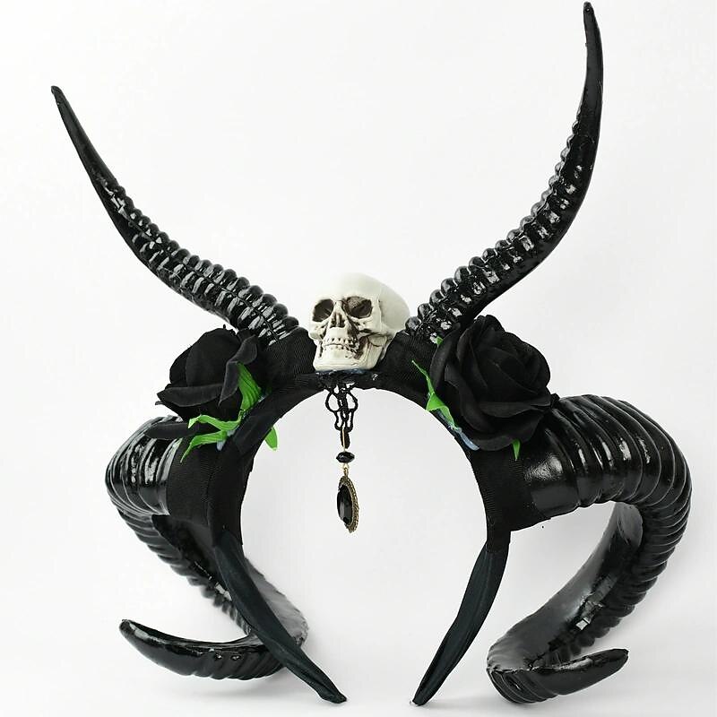 1pc Men's Halloween Simulation Horn Rose Headdress, Cosplay Accessories Devil Skull Headband Headwear4