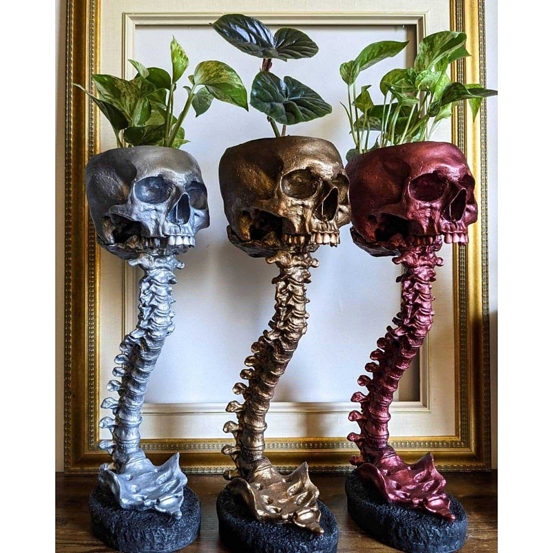 Halloween Skull Planter & Spine Stand, Resin Skull Head Flower Succulent Cactus Planter Pots,or Home Office Desk Decorations Halloween Scene Statue Sculpture Decorations