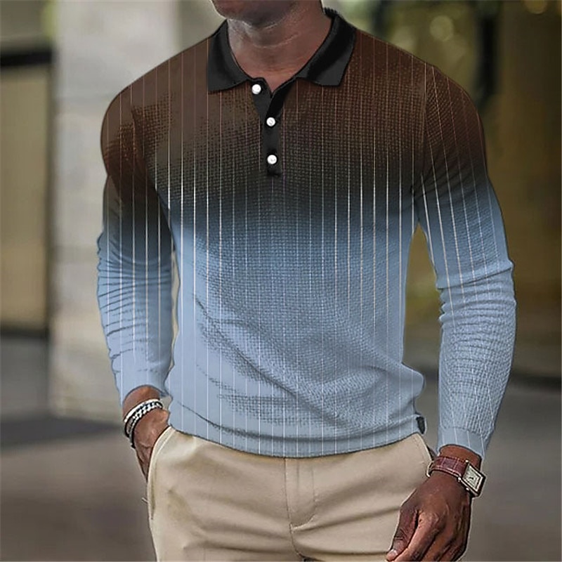 Men's Geometric Waffle Polo Shirts Golf Shirt Long Sleeve Polo Shirts Collared Shirts Business Casual Vacation Wear Formal Wear Festival Wear Buttons 3D Print Blue Green Khaki2