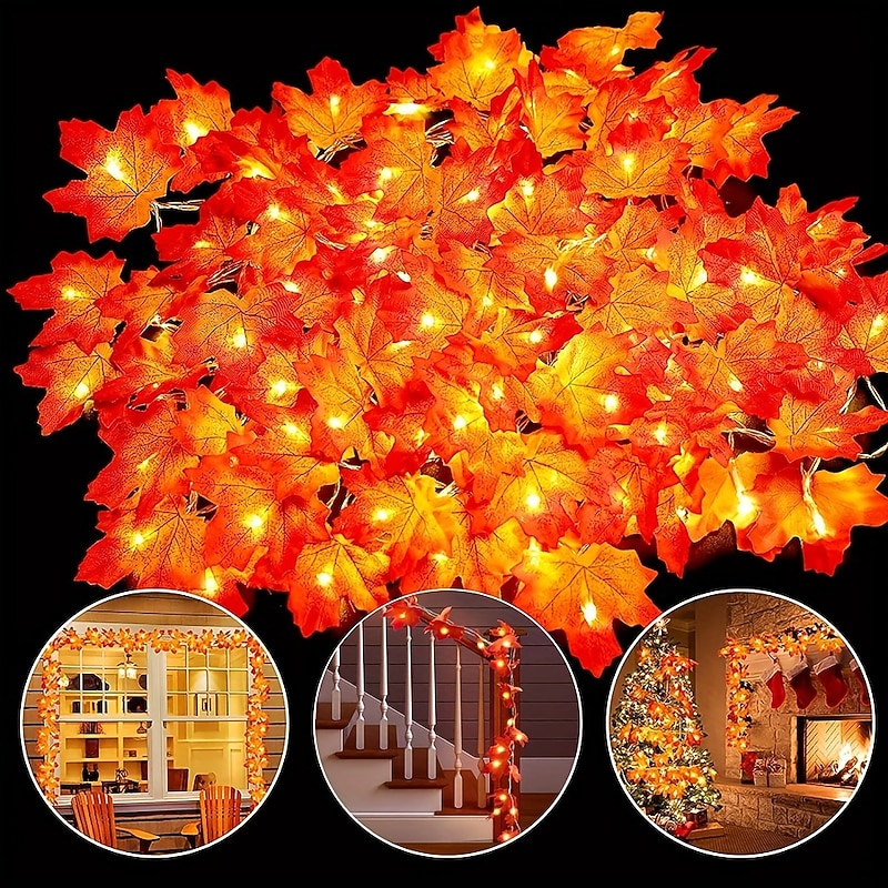 LED Maple Leaf 3 Meter 20 Light Battery Box Powered Holiday Fall Plant Wreath Fence Party Staircase Railing Decorative Light