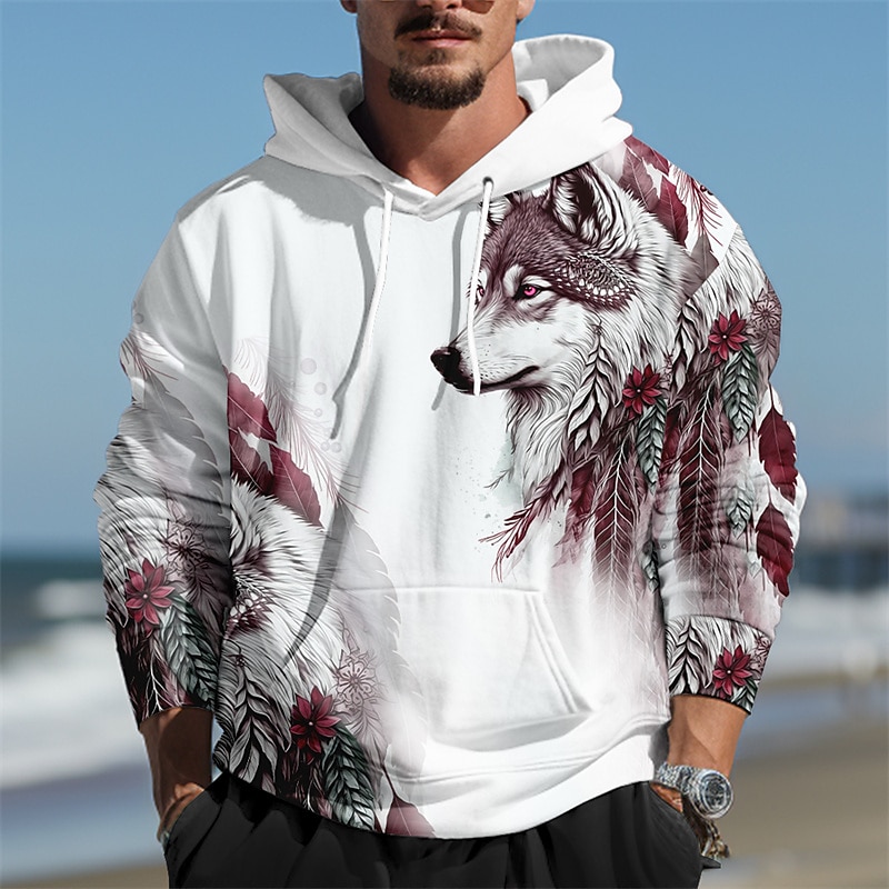 Men's Wolf Graphic Prints Hoodie Hoodies Sweatshirt Daily Classic Long Sleeve Hooded Holiday Going out Streetwear Blue Dark Green Print Spring &  Fall Designer4