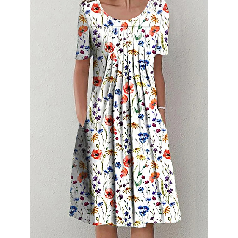 Women's Midi Dress Casual Dress Floral Dress White Short Sleeve Floral Ruched Spring Summer Crew Neck Basic Daily Vacation Weekend4