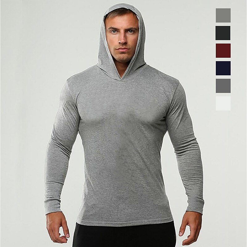 Men's Workout Shirt Running Shirt Long Sleeve Top Spring Hooded Solid Colored Spandex Quick Dry Soft Breathable Gym Workout Running Sportswear Activewear Black White Dark Navy