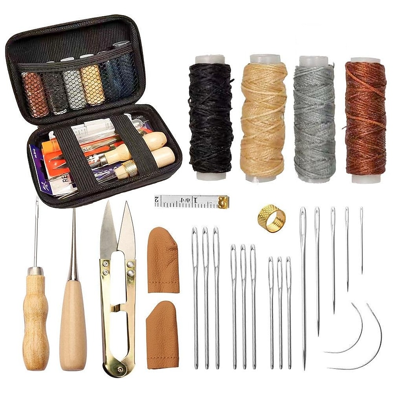 Leather Repair Sewing Kits, Leather Working Tools with Pro Waxed Thread, Large Eye Hand Sewing Needles, Versatile Awl, Heavy Duty Sewing Kit for Car, Upholstery, Vinyl, Canvas, Craft4
