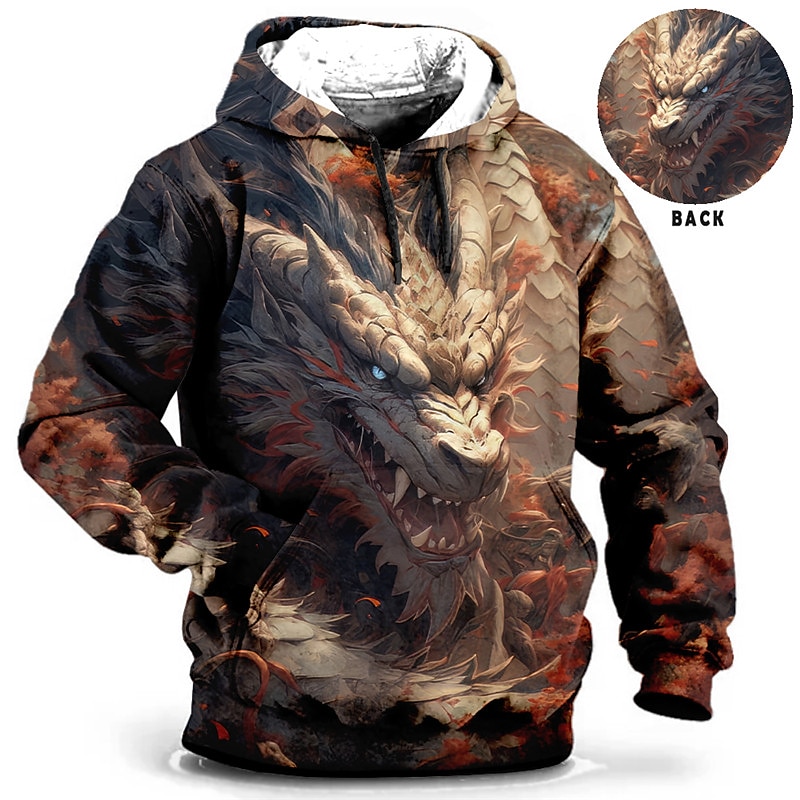 Men's Animal Dragon Graphic Prints Hoodie Hoodies Sweatshirt Daily Classic Long Sleeve Hooded Holiday Going out Streetwear Blue Brown Print Spring &  Fall Designer