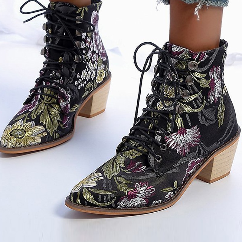 Women's Floral Embroidered Lace-Up Ankle Boots – Vintage Boho Chunky Heel Booties for Fall Winter Festival and Casual Wear3