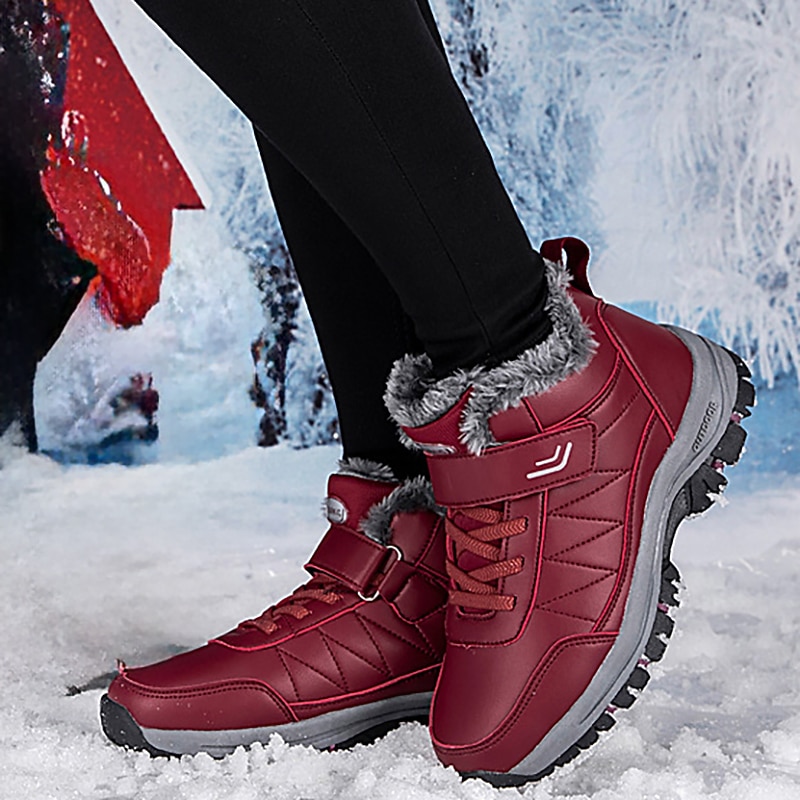 Women's Red Waterproof Winter Boots with Faux Fur Lining and Non-Slip Sole - Ideal for Snow and Outdoor Activities