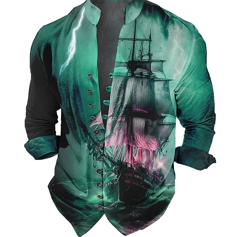 Men's Nautical Vintage Sailboat Shirt Button Up Shirt Long Sleeve Fashion Streetwear Designer Outdoor Casual Daily Summer Spring Fall Stand Collar Print Blue-Green Red Blue Green Gray2