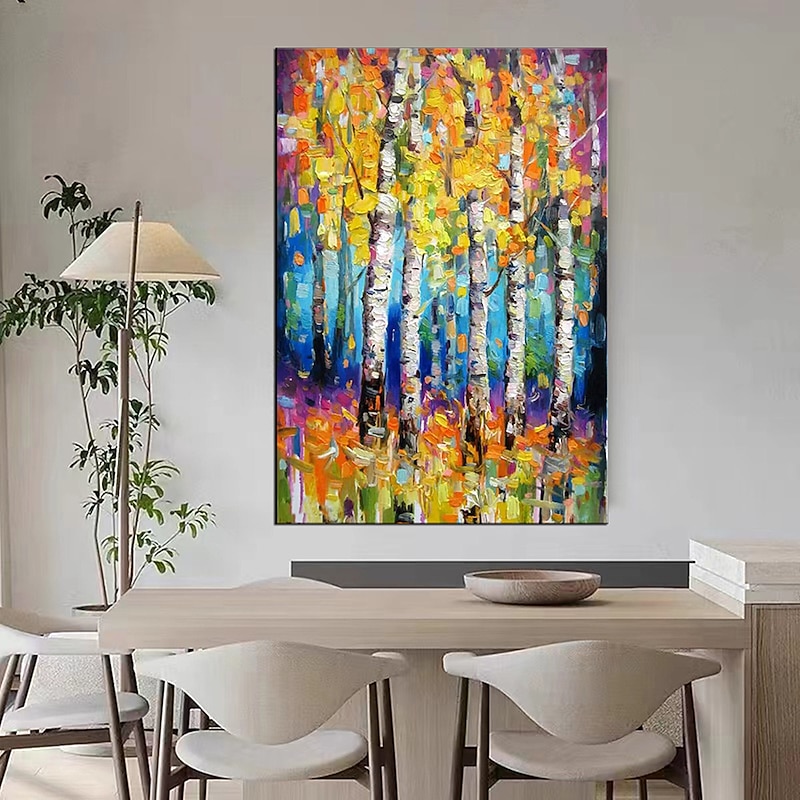 Handmade Hand Painted Oil Painting Wall Art Spring Birch Forest Painting On Canvas Modern Texture Green Tree Painting Decor Rolled Canvas No Frame Unstretched4