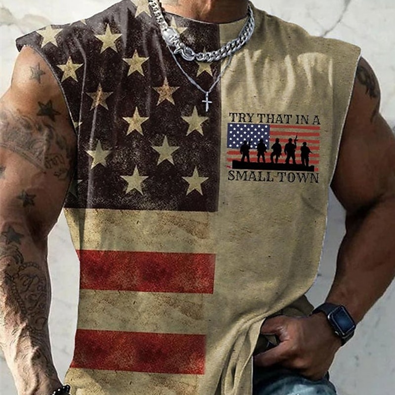 Men's Graphic Tank Top | Patriotic American Flag Distressed "Try That In A Small Town" Sleeveless Shirt4