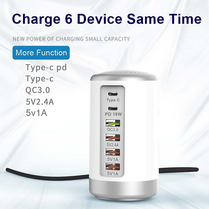 6 Port Desktop Charger, 65W USB Hub Charging Station (3 x USB+Type C+QC3.0+PD 18W), Multi-Port Charger Hub Desktop Charging Station, Fast Wall Charger Compatible with Smart Phones, Tablets and More2