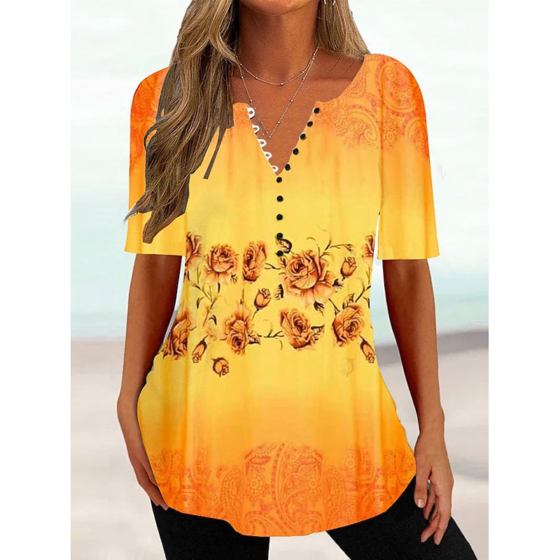 Women's T Shirt Henley Shirt Floral Tunic Basic Short Sleeve Round Neck Regular Tops Holiday Weekend Buttons Print White Yellow Light Green Blue Green3