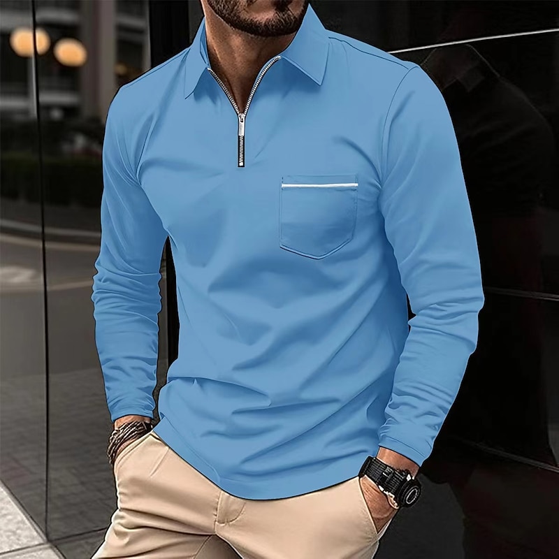 Men's Polo Shirt Zip Polo Outdoor Casual Lapel Quarter Zip Long Sleeve Fashion Basic Solid / Plain Color Quarter Zip Spring &  Fall Regular Fit Black White Pink Wine Dark Navy Blue Polo Shirt3