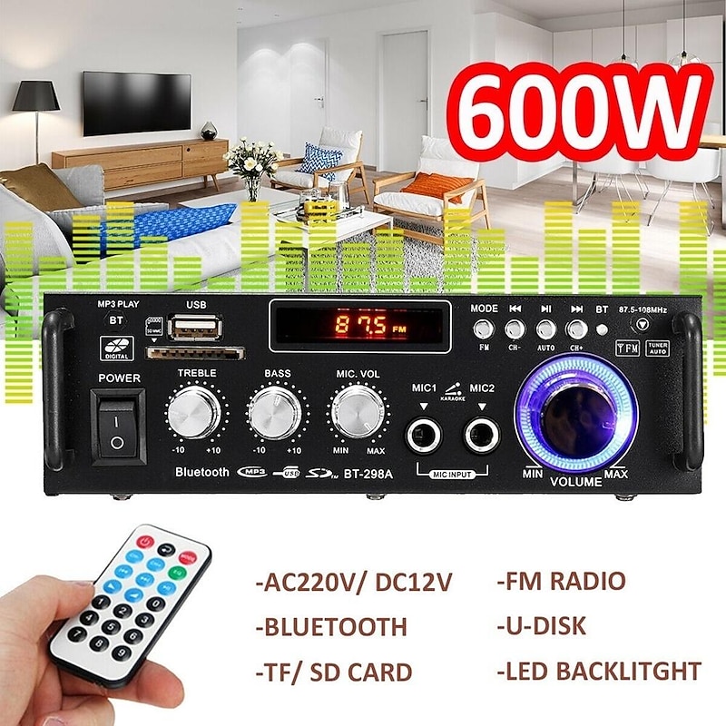 Big Promo!600W 12V/ 220V 2CH Remote Control HIFI Audio Stereo Power Amplifier Bluetooth FM Radio Car Home3