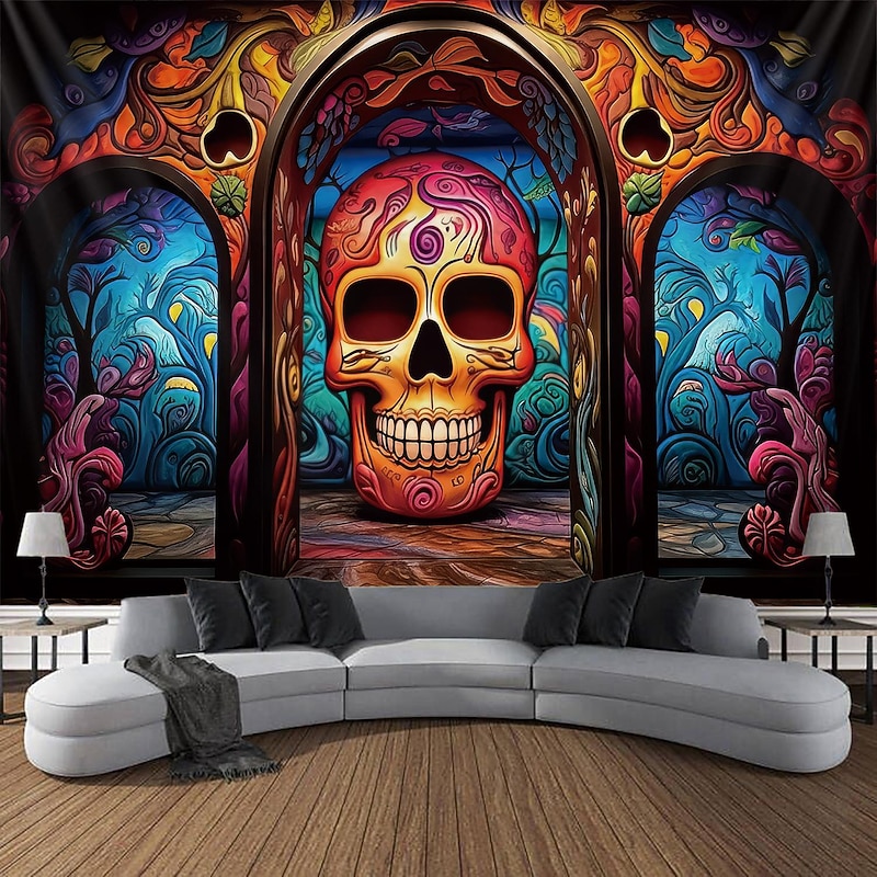 Halloween Skull Hanging Tapestry Day of Dead Mexican Wall Art Large Tapestry Mural Decor Photograph Backdrop Blanket Curtain Home Bedroom Living Room Decoration - Main Image