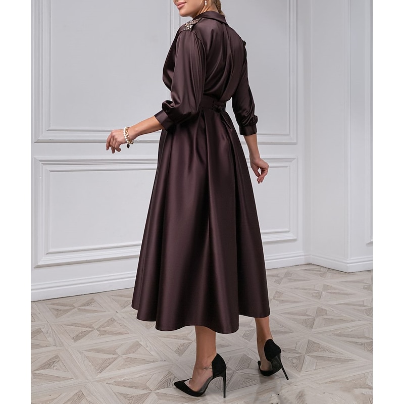 A-Line Mother of the Bride Cocktail Dresses Elegant Dress Tuxedo Dress Wedding Guest Evening Party Tea Length 3/4 Length Sleeve Shirt Collar Satin with Pleats Dresses2