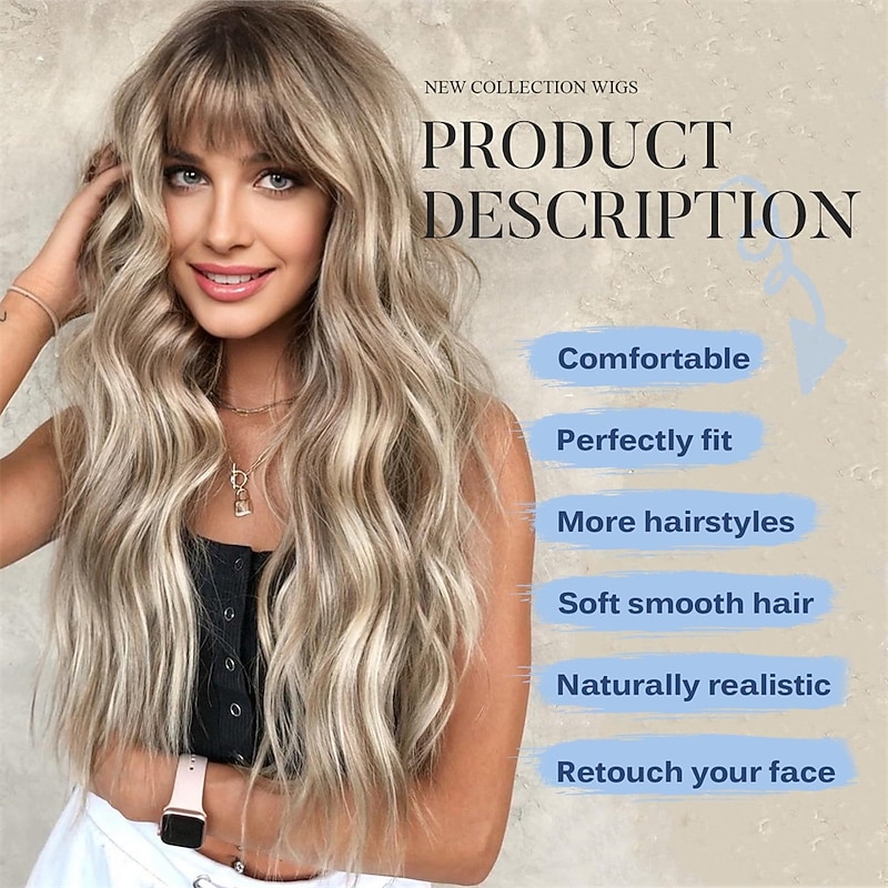 Ombre Dirty Blonde Wigs with BangsAsh Blonde Long Wavy Wig for WomenLong Curly Synthetic Hair Wig for Party Daily Use 24IN2