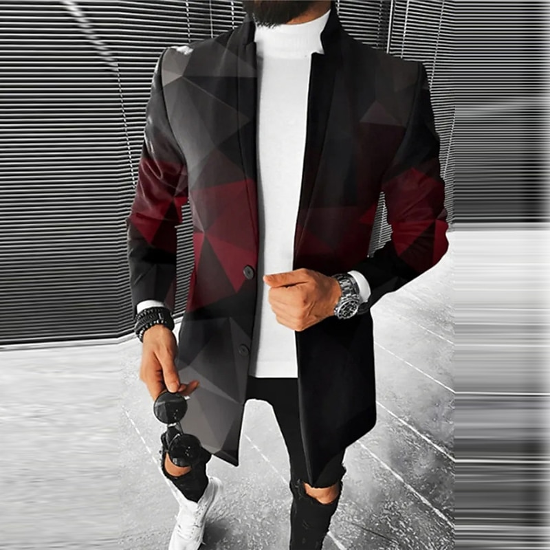 Men's Color Block Geometry Winter Coat Overcoat Coat Warm Comfortable Breathable Fashion Streetwear Business Work Wear to work Going out Pocket Print Fall & Winter Turndown Long Sleeve Red Burgundy4