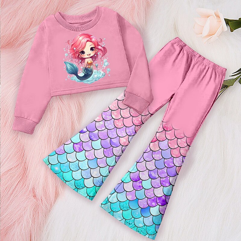Girls' 3D Graphic Cartoon Mermaid Sweatshirt & Sweatpants Set Clothing Set Pink Long Sleeve 3D Print Fall Winter Active Fashion Daily Kids 3-12 Years Outdoor Vacation Date Regular Fit