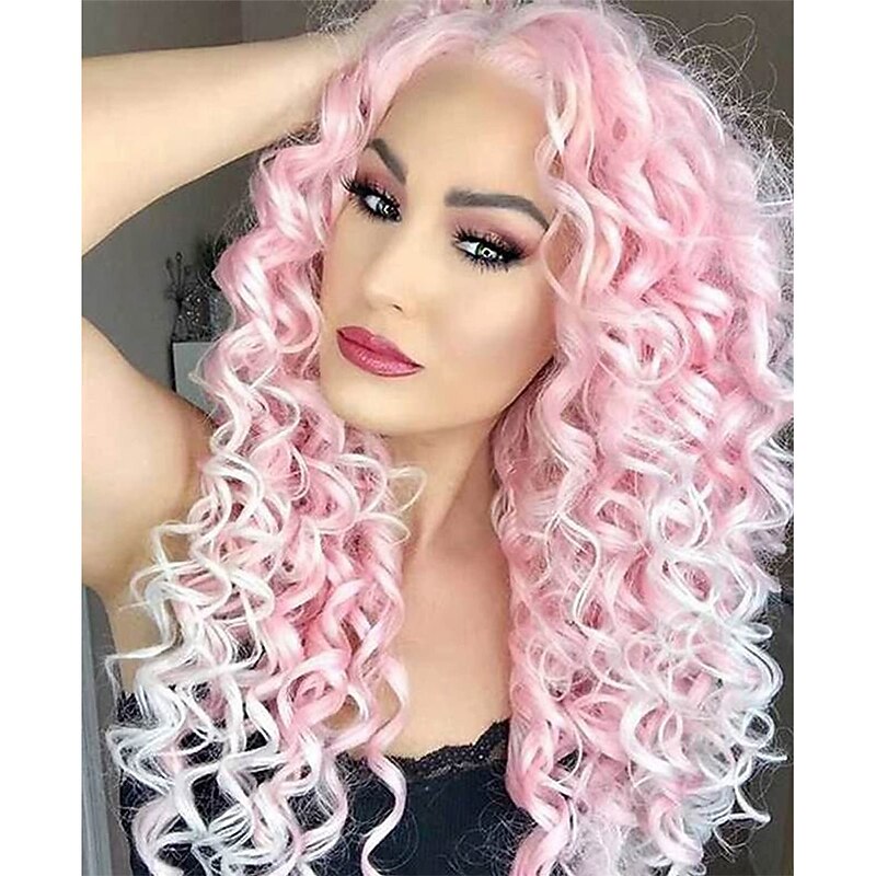 Long Pink Curly Wigs for Women Heat Synthetic Wave Curly Wig Layered Puffy Hair Replacement Wig Loose Curls Daily Party Wig
