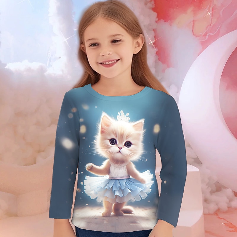 Girls' 3D Graphic Cartoon Cat T shirt Tee Long Sleeve 3D Print Summer Fall Active Fashion Cute Kids 3-12 Years Outdoor Casual Daily Regular Fit4