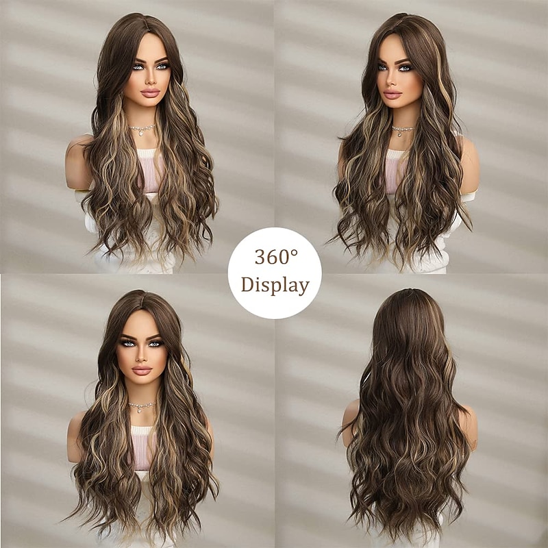 Brown Long Wave Wigs Wig for Women Body Wave Hair Wig With Blonde Highlight Wig for Women Daily Party Use Heat Resistant Halloween Cosplay Party Wigs4